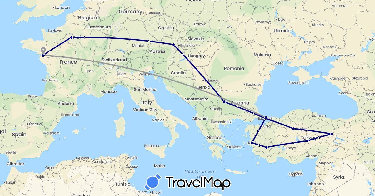 TravelMap itinerary: driving, plane in Austria, Bulgaria, France, Turkey (Asia, Europe)